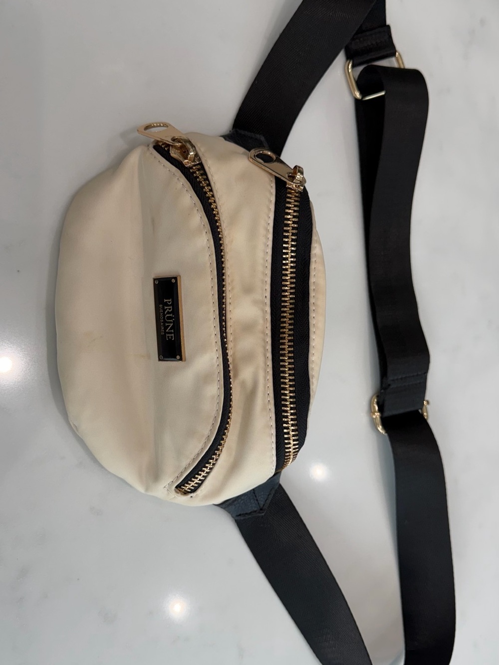 Prune Cream and Black Belt Bag with Gold Hardware